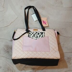 Pink and Black Quilted Tote Bag with Patchwork Design